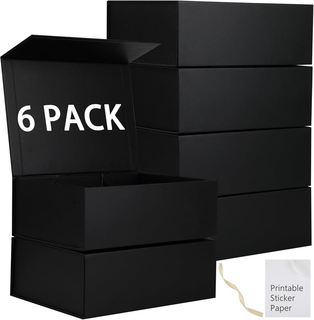 MUMUPACK 6 Pack Black Gift Boxes With Lids,12x8x4.5 Inch Bridesmaid Proposal Box And Printable Stickers,Proposal Boxes With Ribbon For Wedding, Packaging, Present, Birthday Black