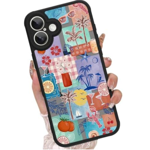OOK Magnetic for iPhone 16 Case Cute Palm Tree Beach Collage Design for Girls Women Compatible with Magsafe Soft TPU Camera Lens Protective Phone Cover Blue #1