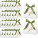 CINSOEN 24 PCS Small Thank You Gift Bags, 4.7x4.1x2.5 Inches Mini Baby Shower Favors White Party Favor Bags with Sage Green Ribbon Candy Gift Boxes for Valentine Wedding Bridal Birthday Party