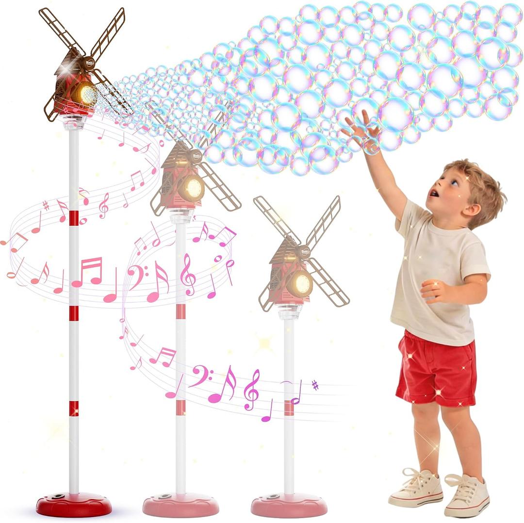 Windmill Bubble Machine for Kids, 51" Adjustable Height Bubble Maker with Light & Music, 130ml Tank, 10-Hole Battery Operated Bubble Blower for Toddlers, Backyard Outdoor Party Toys