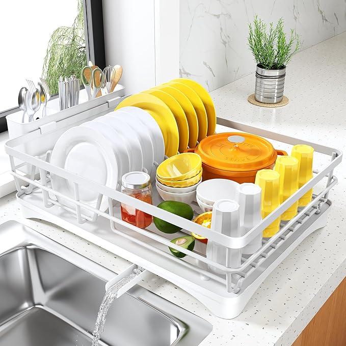 SNTD Dish Drying Rack for Kitchen Counter  Large Dish Rack with Drainboard, Rustproof Dish Drainer with Utensil Holder for Sink, White