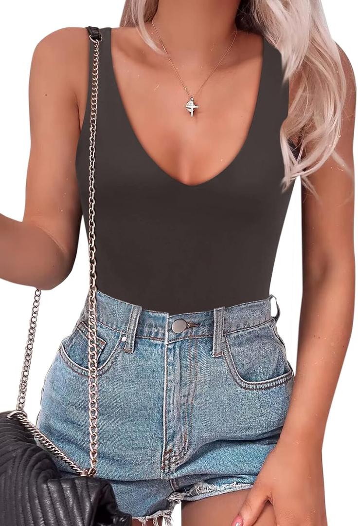 SAUNGKUAI Womens Bodysuit Sexy Plunge Deep V Neck Backless Sleeveless Tank Thong Body Suits Outfits for Going Out (Large, Coffee)