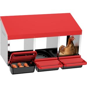 Chicken Nesting Boxes, 3 Hole Metal Chicken Egg Laying Box with Swing Perch and Rollout Egg Collection for Chicken Coop (Red)