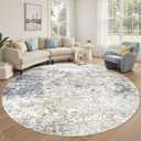 8ft Round Area Rug Living Room Rugs - 8x8 Washable Large Soft Indoor Neutral Modern Abstract Low Pile Rug Carpet for Bedroom Dining Room Farmhouse Home Office - Beige Blue