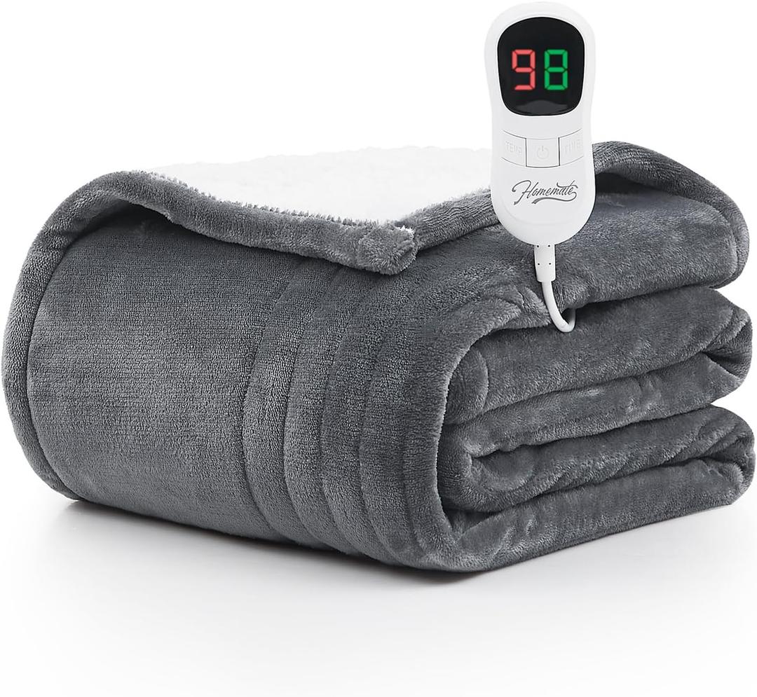 Homemate Electric Heated Blanket Full - 72"x84" Heating Blanket Full Size 1/2/4/6/8 Hours Auto-Off 8 Heat Level Heat Blanket Over-Heat Protection Flannel Sherpa Big Heater Blanket ETL Certification (Grey)