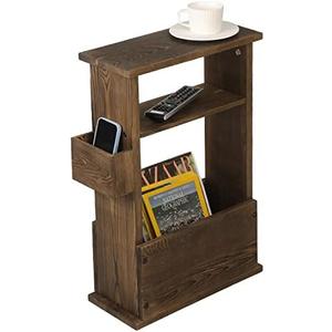 MyGift 24 Inch Tall Rustic Burnt Wood End Table with Remote Control Holder, Storage Shelf, and Magazine Rack, Wooden Narrow Living Room Couch Side Accent Furniture