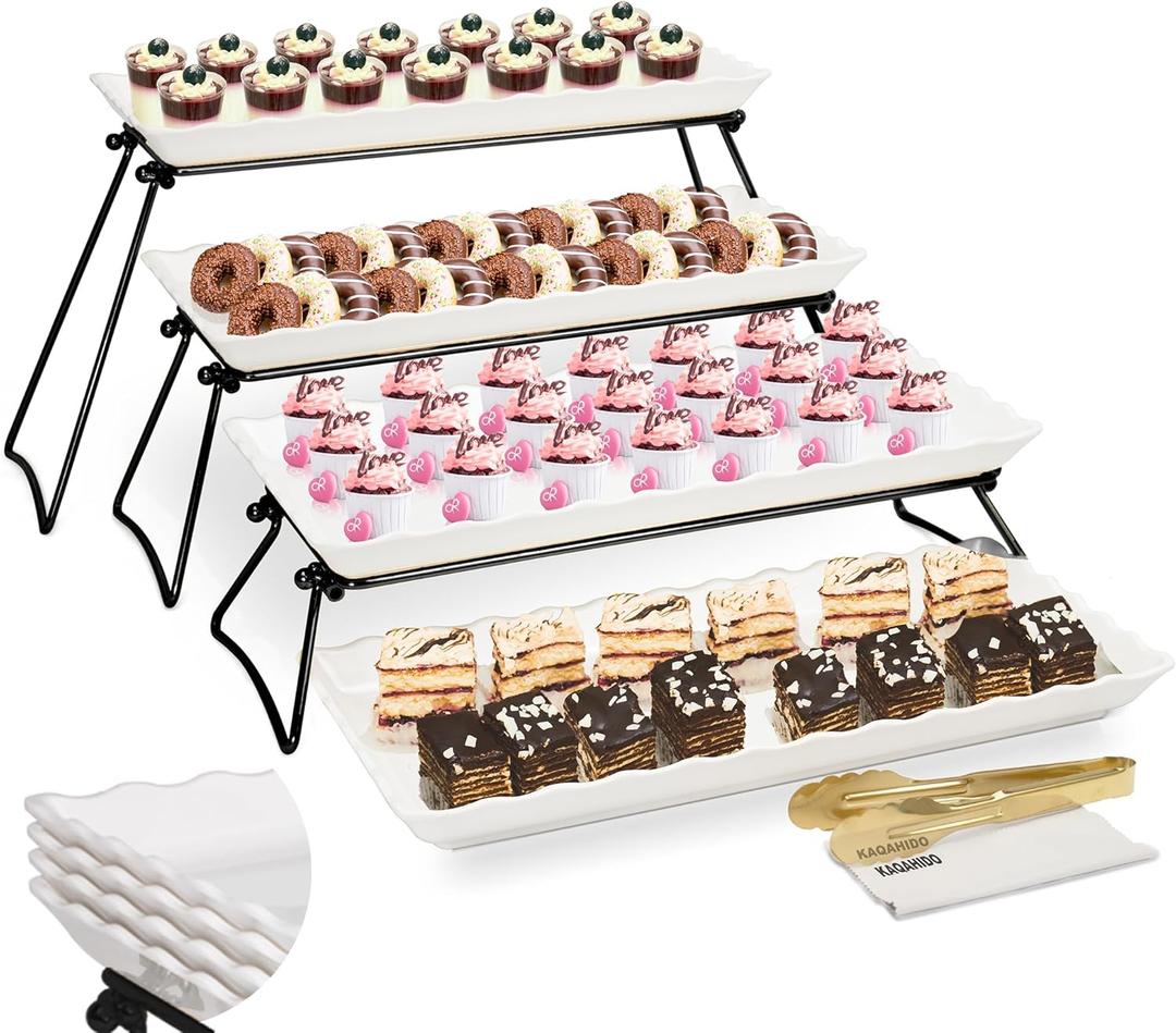 KAQAHIDO Extra Large 4 Tier Serving Tray Set, 34x22x10 inch Wave Edge Melamine Dessert Table Display Set, Tiered Trays Stand for Party Buffet Entertaining, Black and White