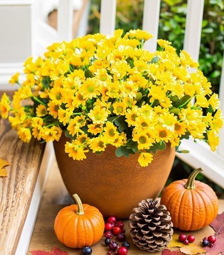 Daisy Artificial Flowers for Outdoors Fall Autumn Decoration, 6 Bundles Fake Mums Yellow Silk Flowers for Outside Look Real UV Resistant Faux Flowers Plants for Planter Front Door Home Indoor Porch