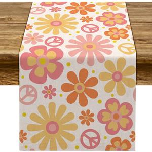 Groovy Table Runner Hippie Daisy Flower Peace Love Birthday Party Retro Kitchen Dinning Home Decoration (13" x 120")