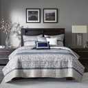 Madison Park Queen Quilt Set Lustrous Jacquard & Glitter Accent Coverlet Set for Queen Size Bed - All Season, Lightweight Queen Quilt Set, Shams, Decorative Pillow, Full/ Queen Chevron Grey/ Navy
