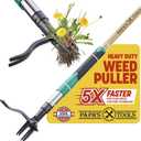 Papa's Tools Weed Puller Tool, 44" Stand Up Weeder Garden Tools & 4 Claw Steel Head, Dual Weed Eject Tech. Made with Real Bamboo & Long Wooden Handle, Yard Weeding Remover for Gardening Men & Women (Natural / Green)