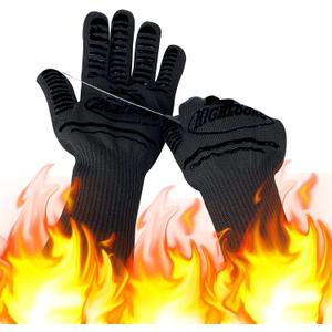 1472F Extreme BBQ Gloves Grill Oven Safety Gloves, Cut Resistant with Non-Slip Silicone for Grilling, Frying, Baking, Fireplace, Cooking (2 Pieces Set) (Black Strips Long)