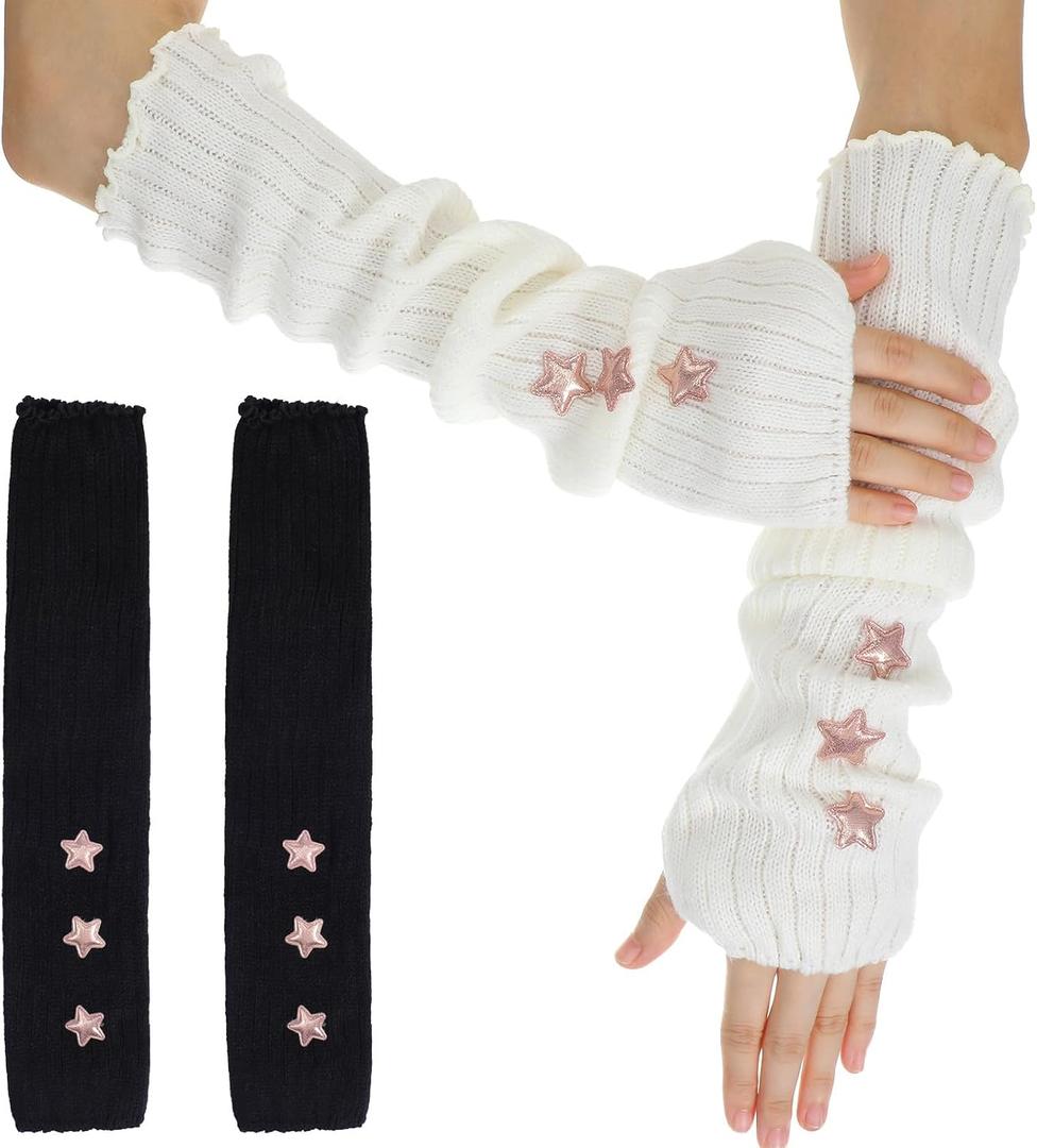 Bremorou Arm Warmers 2 Pairs Fashion Gloves Fingerless Y2K Winter Women's Long Fingerless Gloves Stretch Knit Arm Warmers Style Cute Goth Emo Arms Warmer with Thumb Hole for Women Black White