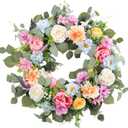 Spring Wreaths for Front Door,Summer Wreath with Peony Rose and Dahlia Flowers,24 Inch Floral Door Wreath for All Seasons Outside Outdoor Indoor Wall Wedding Holiday Home Decor (Multicolor)