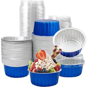100Pcs Aluminum Cups with Lids,5oz Disposable Ramekin Baking Cups Muffin Liners Mini Pie Pans Foil Cupcake Containers for Christmas Party Wedding Party,Dark Blue