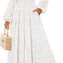 ZESICA Women's Spring Long Sleeve Maxi Dresses 2026 Square Neck Hollow Out Eyelet Smocked A Line Cocktail Party Dress (Medium, White)