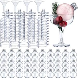 50 Set Christmas Booze Balls Refillable Drink Balls with Champagne Glasses Set - Christmas Tree Hanging Ornaments DIY Clear Round Plastic Fillable Bulbs for Xmas Holiday Party