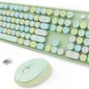 Wireless Keyboard and Mouse Combo, Ergonomic Full Size Typewriter Retro Round Keycaps Keyboard, Compatible with Windows, PC, Perfer for Home and Office Keyboards (Green