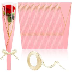 Mauproy 100 Pack Single Rose Sleeves, Flower Wrapping Bags Single Flower Packaging Bags with Ribbons for Mother's Day, Wedding, Birthday, Florist Supplies (Pink)