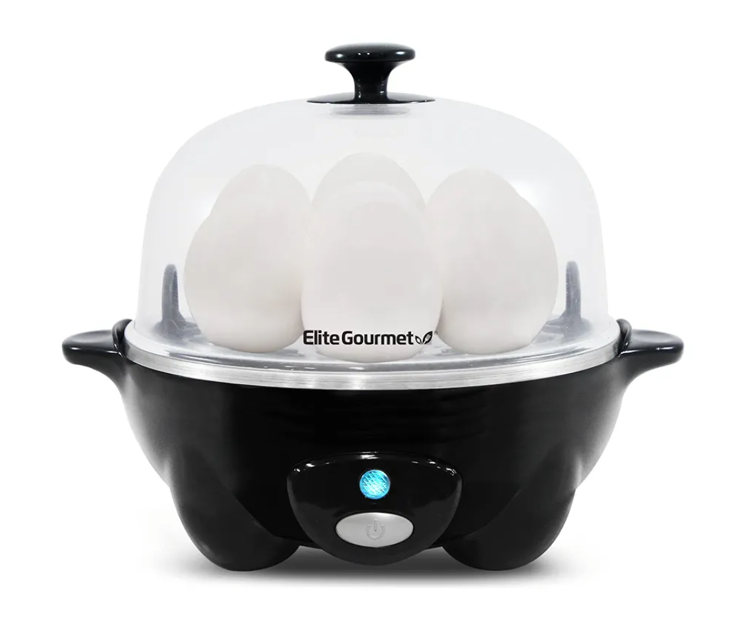 Elite Gourmet EGC-007B# Rapid Egg Cooker, 7 Easy-To-Peel, Hard, Medium, Soft Boiled Eggs, Poacher, Omelet Maker, Auto Shut-Off, Alarm, 16-Recipe Booklet, Black