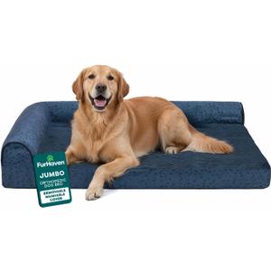Furhaven Orthopedic Dog Bed for Large Dogs w/ Removable Bolsters & Washable Cover, For Dogs Up to 95 lbs - Plush & Almond Print L Shaped Chaise - Blue Almonds, Jumbo/XL