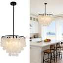 4-Lights Capiz Shell Chandelier - 17.7” Coastal Chandelier For Dinning Room, Beach House Modern Black Light Fixture With Natural Shells, Seashell Pendant Light For Living Room, Kitchen, Bedroom