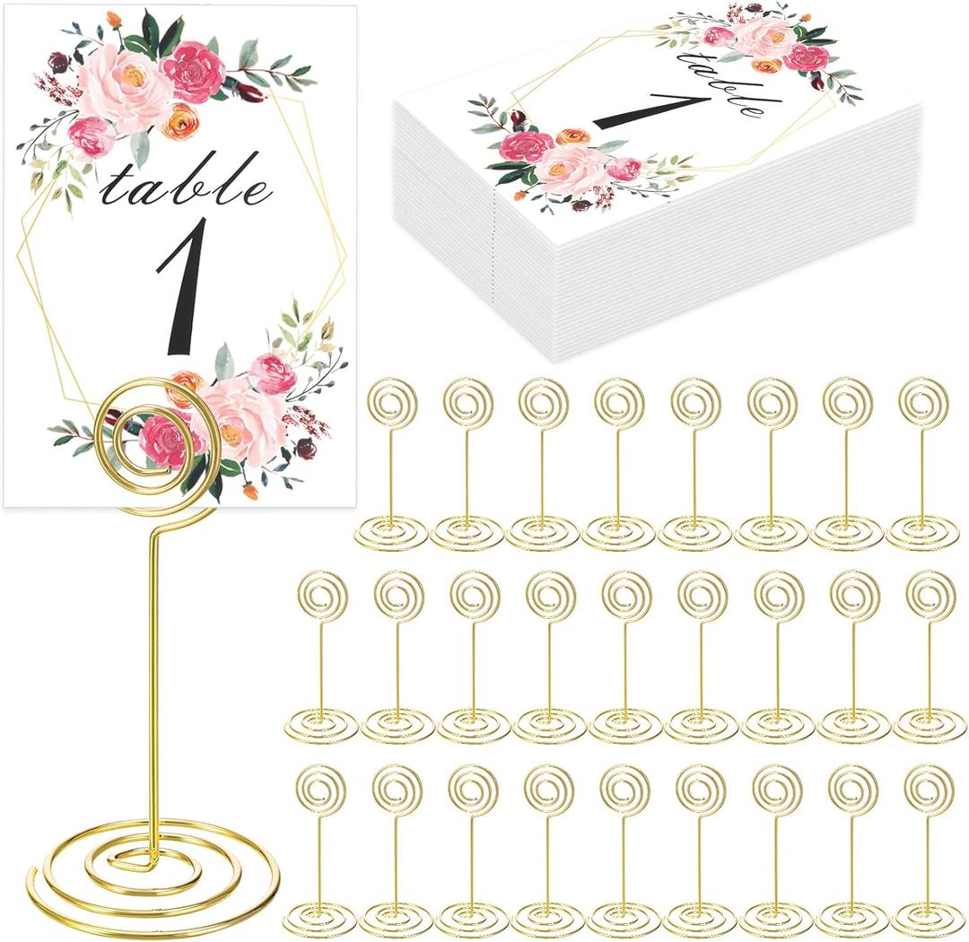 26 PCS Table Number Holder - Card Stand Wire Photo with Floral Cards, Place for Weddings Party Office Paper Memo Menu Note Clips, Gold