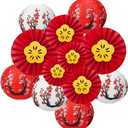 12 Pcs Chinese New Year Paper Lanterns and Red Floral Fans Set  Plum Blossom Round Lanterns and Red Folding Fans for Lunar New Year, Spring Festival Parties, and Holiday Celebrations