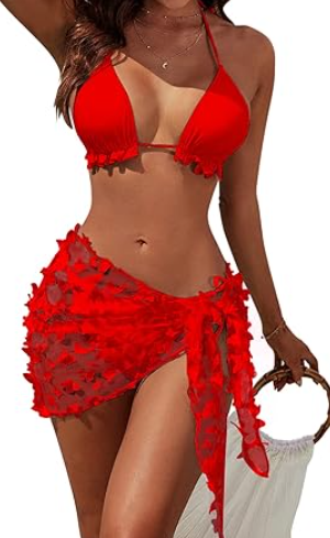 Blooming Jelly Womens 3 Piece Swimsuits Triangle Halter Thong Bikini Set Butterfly Bathing Suits Sarongs size L, Red