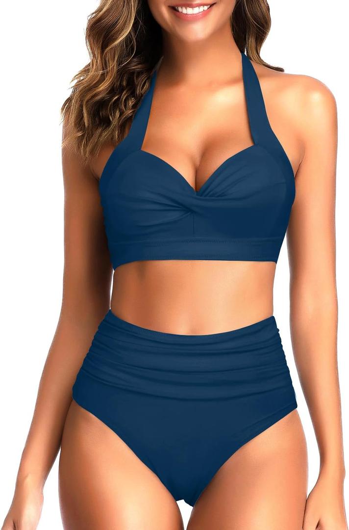 Tempt Me Women Two Piece Vintage Swimsuit Retro Halter Ruched High Waist Bikini with Bottom, L