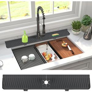 Derlights 30 inch Sink Splash Guard Mat,Silicone Faucet Handle Drip Catcher Tray, Longer Silicone Sink Mat for KitchenBathroom, Drip Protector Splash Countertop (black)