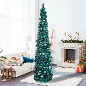 5ft Pop Up Teal Tinsel Christmas Tree,Collapsible Artificial Pencil Skinny Xmas Trees for Home Decor Indoor Holiday Party Decorations,Blue,WOKEISE