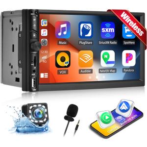 [Upgrade] Double Din Car Stereo with Wireless CarPlay Wireless Android Auto 7 Inch Car Audio Receiver Car Radio Touchscreen with Bluetooth 5.1, Mirror Link, Backup Camera, FM, SWC, USB/AUX/TF