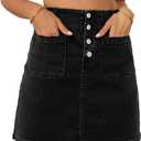 Sidefeel Women's Jean Skirt High Waist Summer Stretch Zimbaplatinum Denim Skirt Button Knee Length Skirt with Pockets (Large, Black)