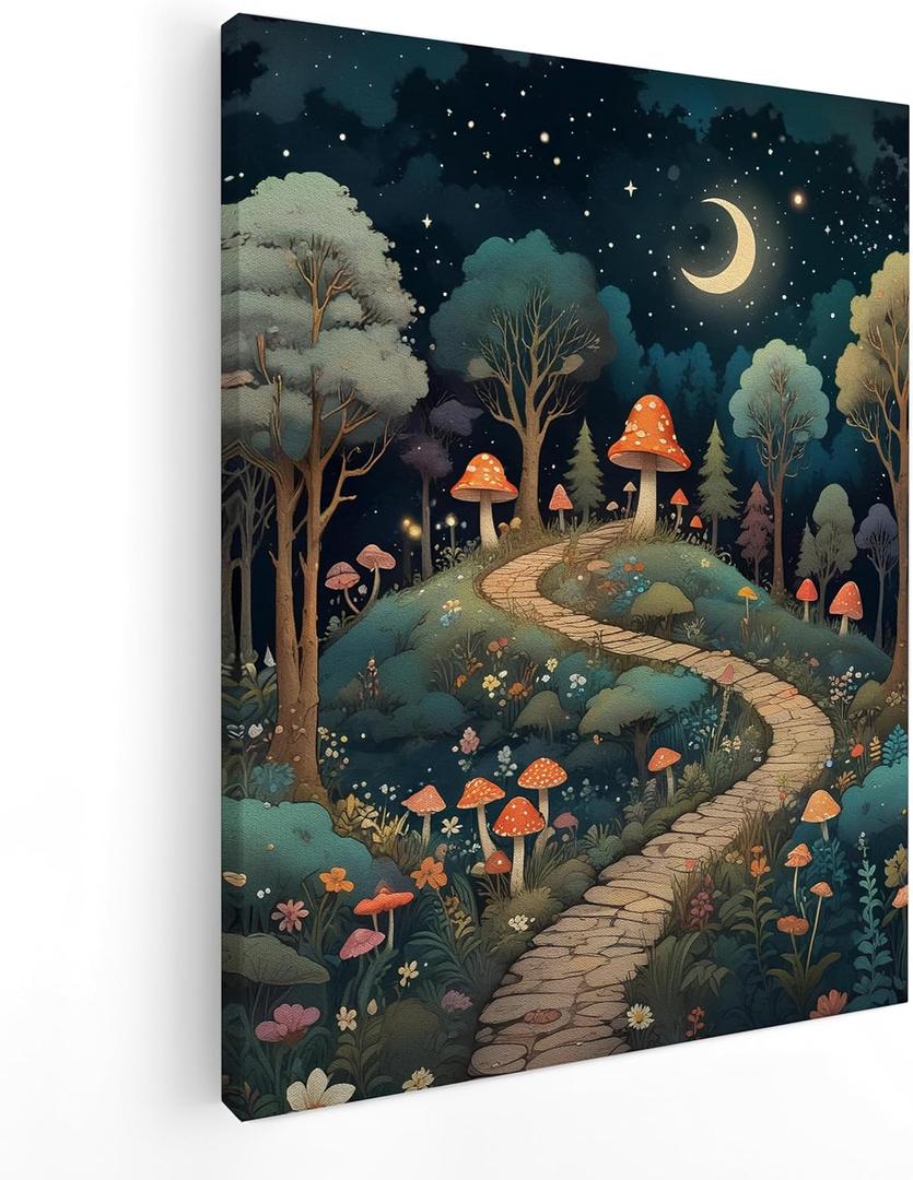 QICLM Mystical Fairy Forest Mushroom Wall Art, Fairy Wall Decor, Fantasy Starry Night Garden Botanical Canvas Wall Art Poster for Nursery Kids Room Playroom Decor, Beautiful 11x14 Inch Framed