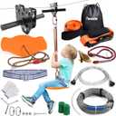 Zipline Kits for Backyard Kids, with 6ft Zipline Spring Brake and Belt, Zip line Trolley with Handle, seat and Bag (80ft)