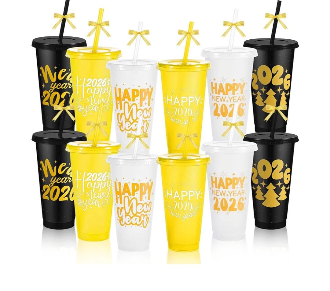 Yoiemivy 12 Pack Happy New Years Cups with Lids and Straws 2026 Reusable New Year Eve Gifts Cups Bulk 24 oz Holiday Plastic Drinking Tumblers for Nye Party Favors Supplies