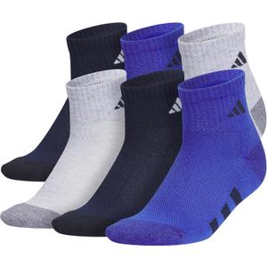 adidas Unisex Kids Quarter Ankle Socks for Boys and Girls Youth (6-pack) Athletic Cushioned and Comfortable (Large, Cool Light Heather/Collegiate Navy/Semi Lucid Blue)