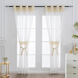 L.Z.E White and Gold Sheer Curtains 72 Inches Long, Curtains for Living Room Dining Room, Light Filtering Window Drapes with Gold Foil Patterned Designs, Grommet Top 2 Panels Set