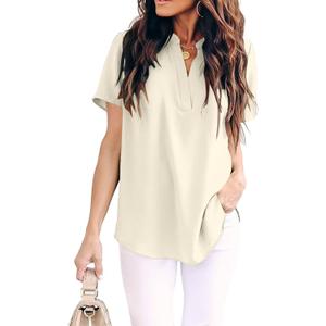 Allimy Women Summer Casual Split V Neckline Chiffon Blouses Loose Tunic Short Sleeve Tops (Beige, S)
