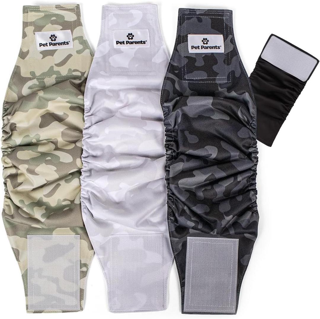 Pet Parents Washable Belly Bands for Male Dogs (3pack) + Extendrs of Durable Dog Diapers Male, Premium Male Dog Diapers & Dog Wraps (Small, Camo)