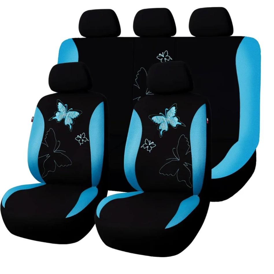 Flying Banner Butterfly car seat Covers 2l Set Fashion Universal Lady Woman Female Rear Bench Back Split Colorized (Mint Blue, Full Set - Lace)
