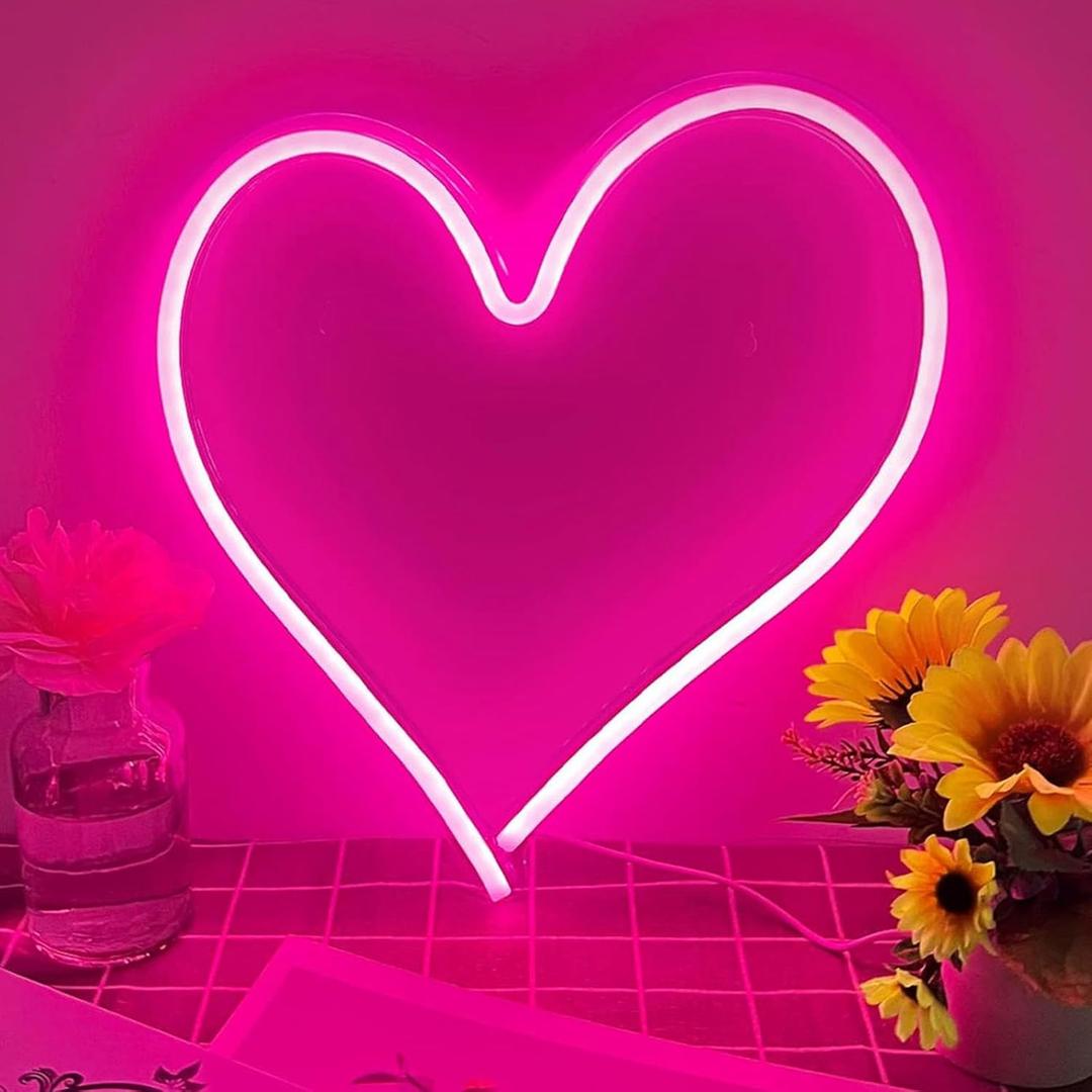 Pink Heart Neon Sign, Neon Heart Light for Wall Decor, Love Hearts LED Light up Sign 13.413 Inch Dimmable USB Powered Romantic Light Sign for Bedroom Valentine's Kids Room Wedding Party Decoration