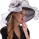Women's Derby Church Hat Bridal Tea Party Wedding Party Sun Hat with Detachable hat Flower as Fascinators, White