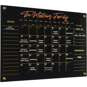 Black Acrylic Calendar Dry Erase for Wall, Family Planner, Monthly Calendar Dry Erase Whiteboard for Home, Office, 24" x 16"Reusable White Board(Acrylic-BK-4060)