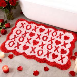 Dunzy Valentines Bathroom Rug Valentines Bathroom Decor Heart Red Bath Mat XOXO Scalloped Heart Tufted Non Slip Washable Door Mat for Home Kitchen Shower, 23.6 x 14.9 Inch
