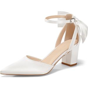 Coutgo Womens Chunky Heels Low Heel Ankle Strap D'Orsay Pumps Closed Pointed Toe Wedding Bridal Shoes, White, Size 9.5