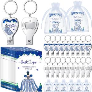 Landical 50 Sets Blue 15th Quinceaera Party Favors Includes Quince Keychain Bottle Opener Nail Clipper Thank You Cards Organza Bags for Guests Sweet 15 Birthday Party Adults Souvenirs