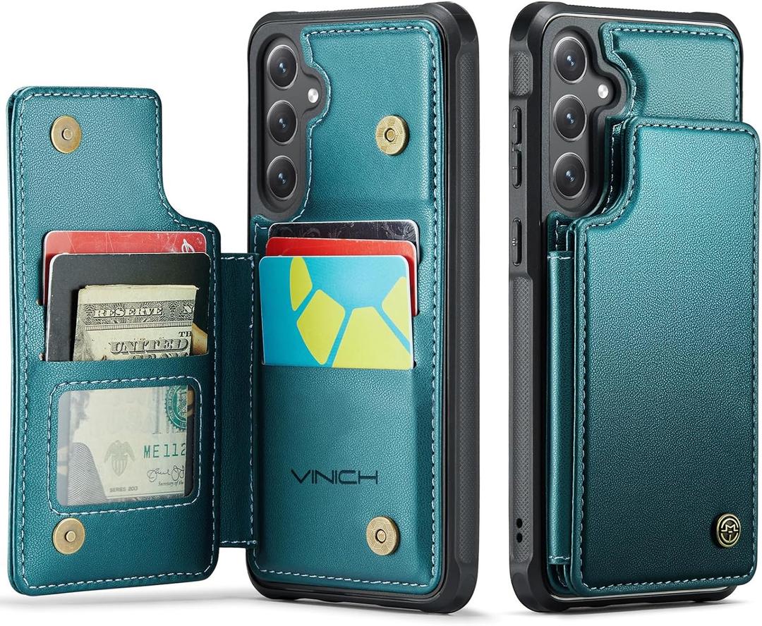 Vinich for Samsung Galaxy S24 FE Wallet Case with Card Holder, RFID Blocking Credit Slots Kickstand Shockproof Phone Cover Fit for Galaxy S24 FE 6.7" Bluish Green