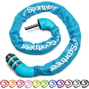 Sportneer Bike Lock: 5 Digit Combination High Security Anti Theft Bike Chain Lock - 3.2/3.6/4ft Heavy Duty Keyless Bicycle Lock for Bike, Motorcycle, Scooter, Door & Gate - 4/6mm Thick, Easy to Use (Sky Blue)